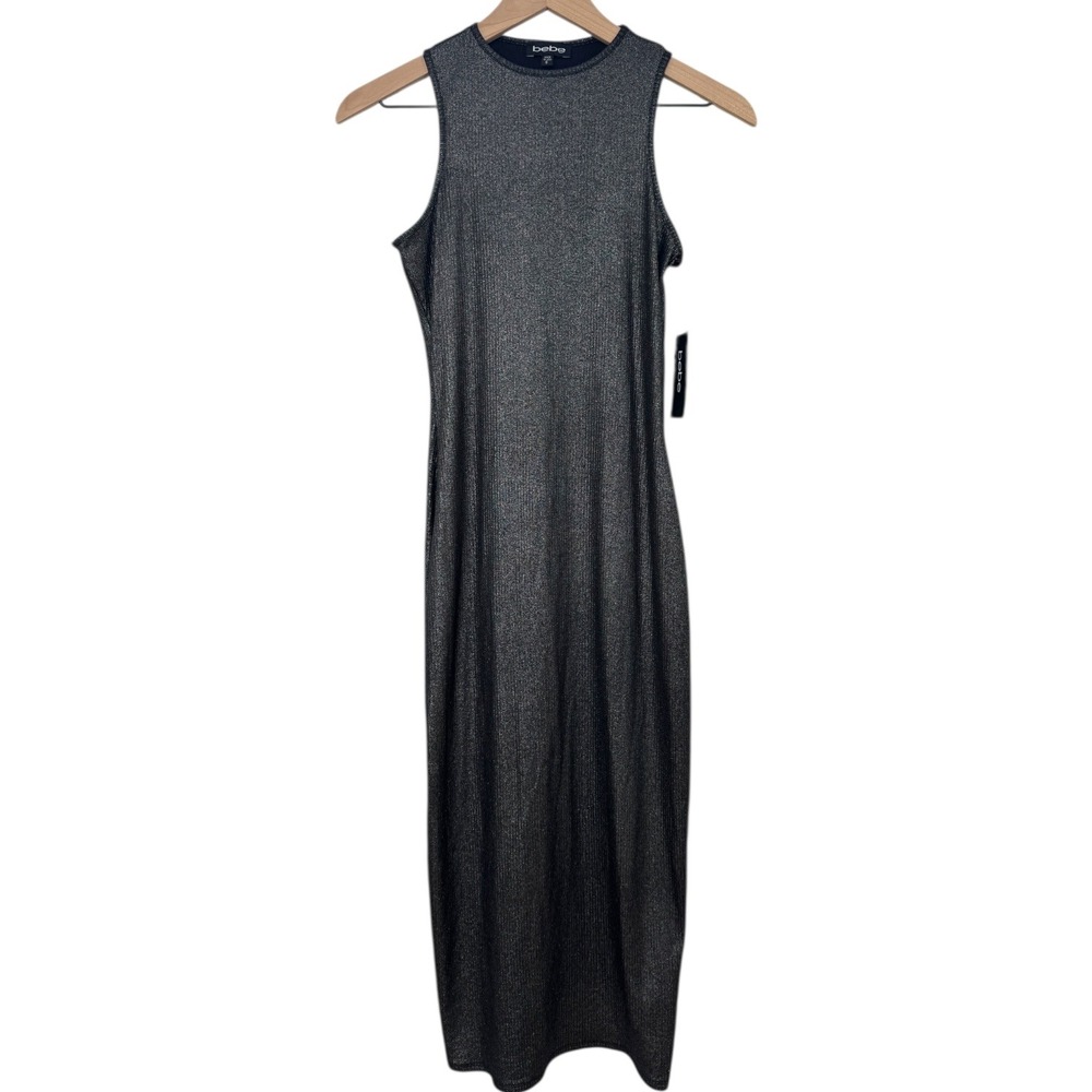 Bebe Metallic Midi Dress Bodycon Ribbed Knit Black Silver Shimmer Small NWT